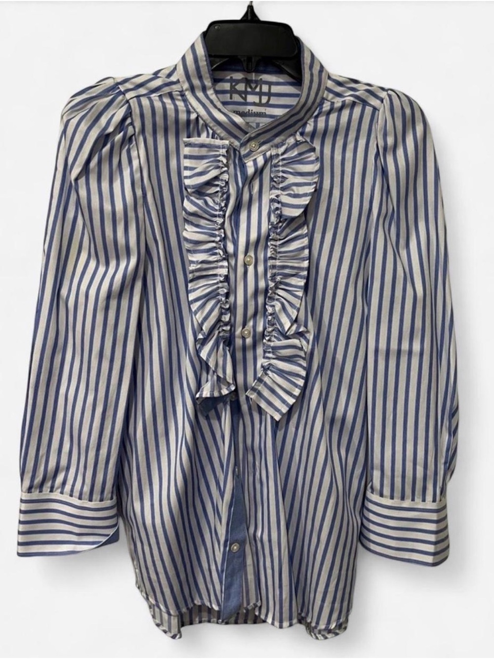 KMJ Kate Mchale Jensen Cleo Navy Blue Stripe Ruffled Shirt Like New 4th of July